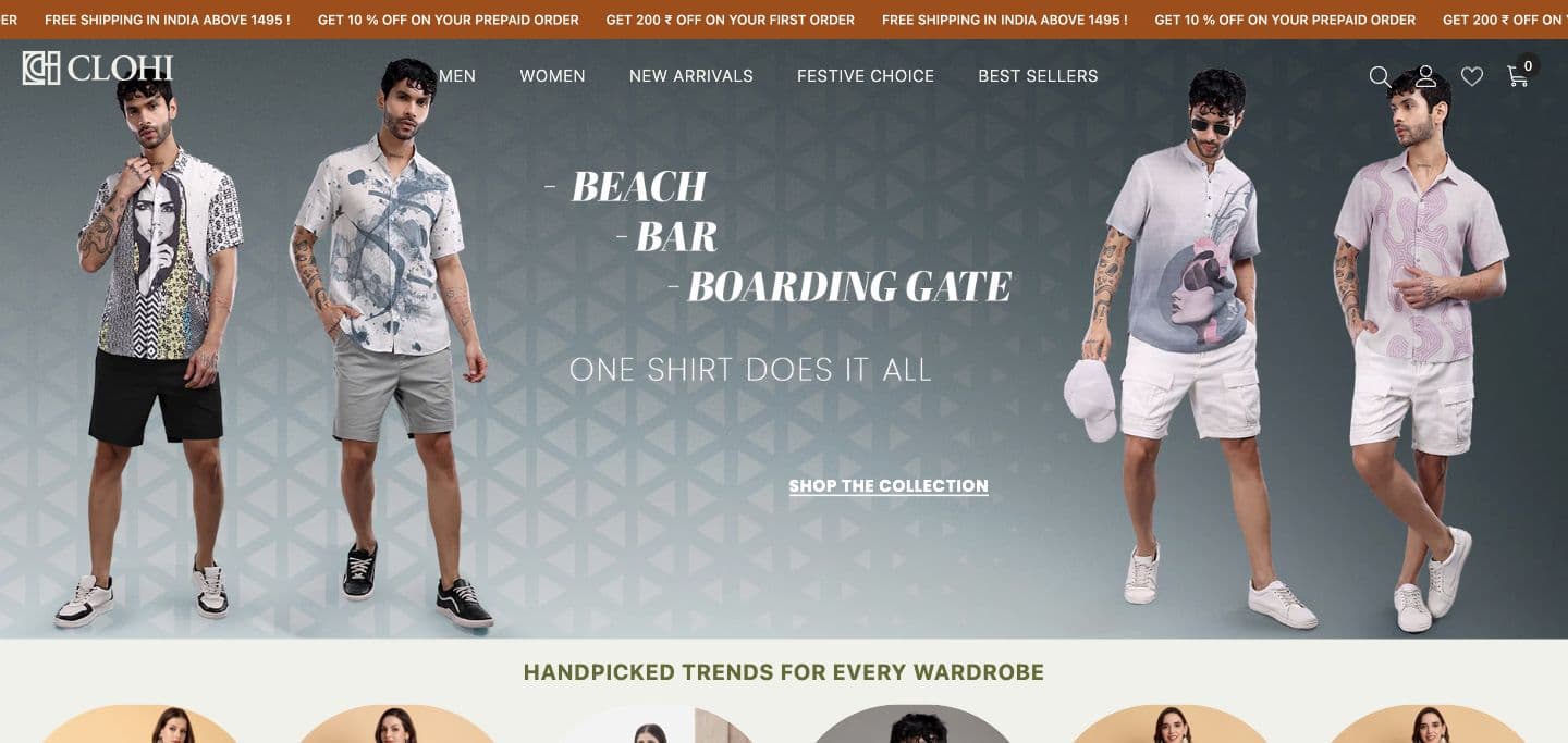 Clohi live storefront screenshot showing India-focused apparel shopping context.