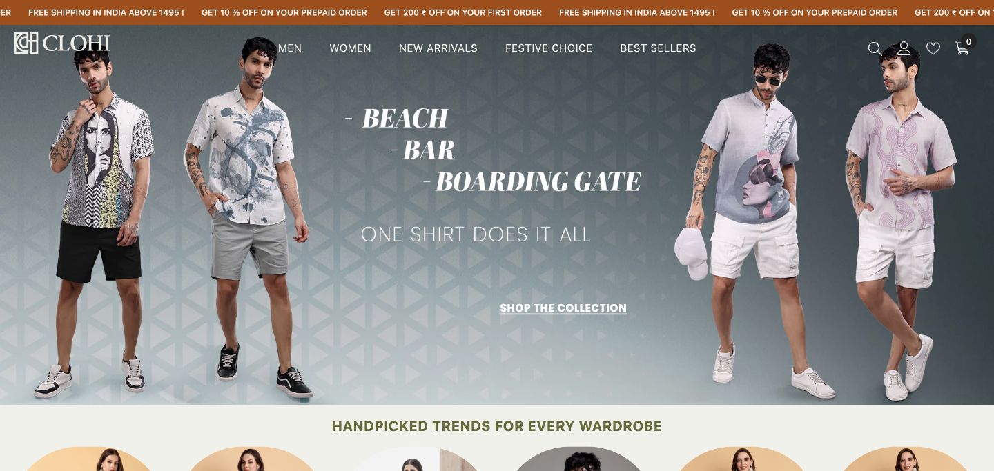 Clohi live storefront screenshot showing India-focused apparel shopping context.