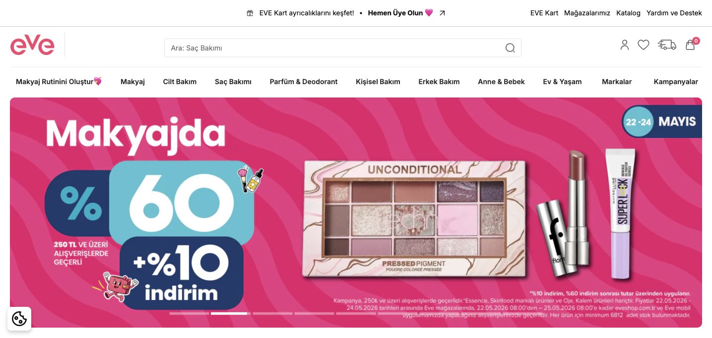 EveShop live storefront screenshot showing cosmetics and personal care ecommerce navigation.