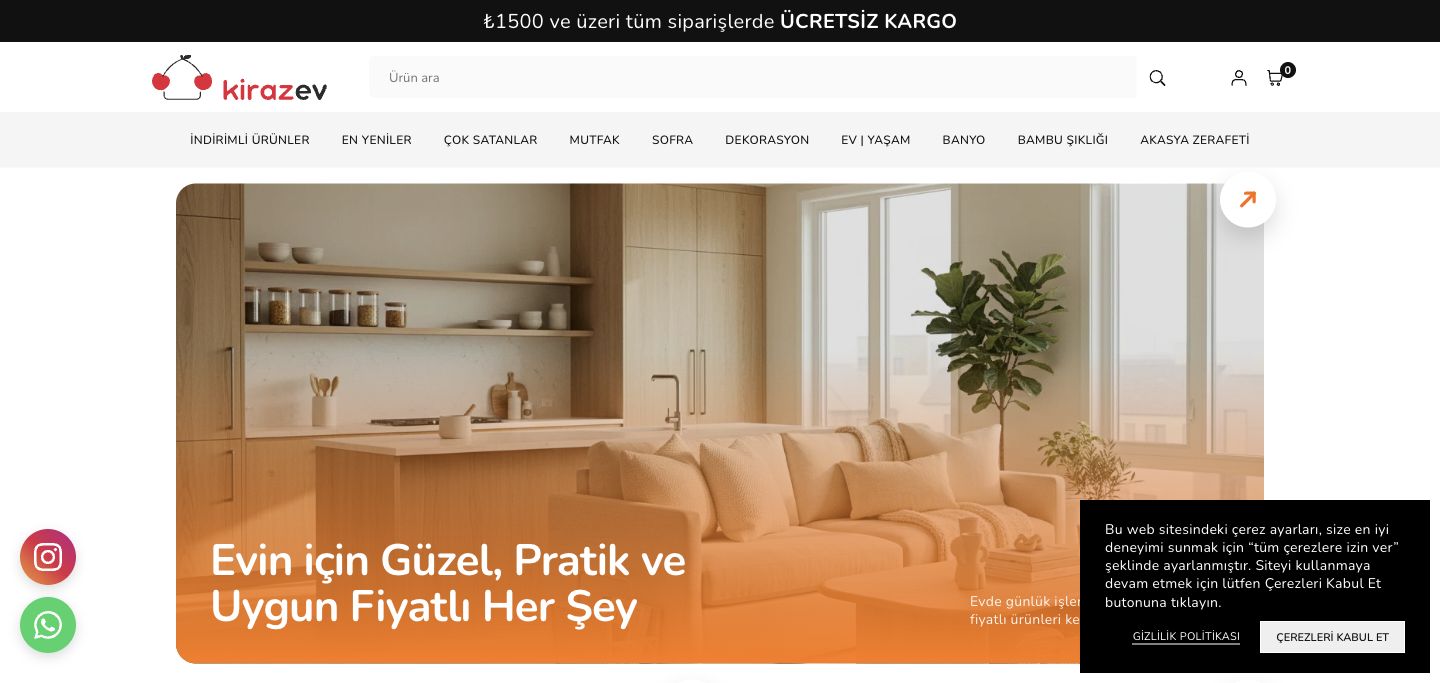 Kirazev live storefront screenshot showing home goods catalog navigation.