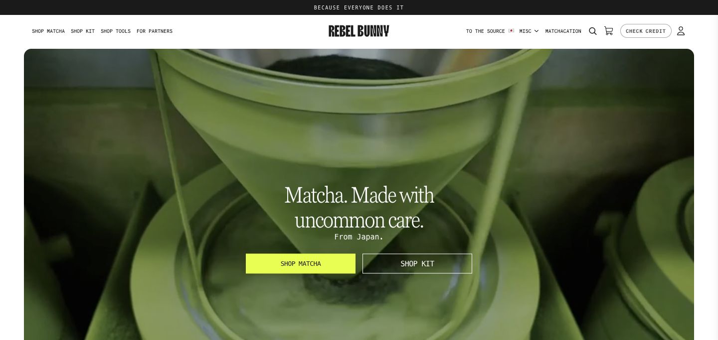 Rebel Bunny Matcha live storefront screenshot showing DTC matcha product storytelling.