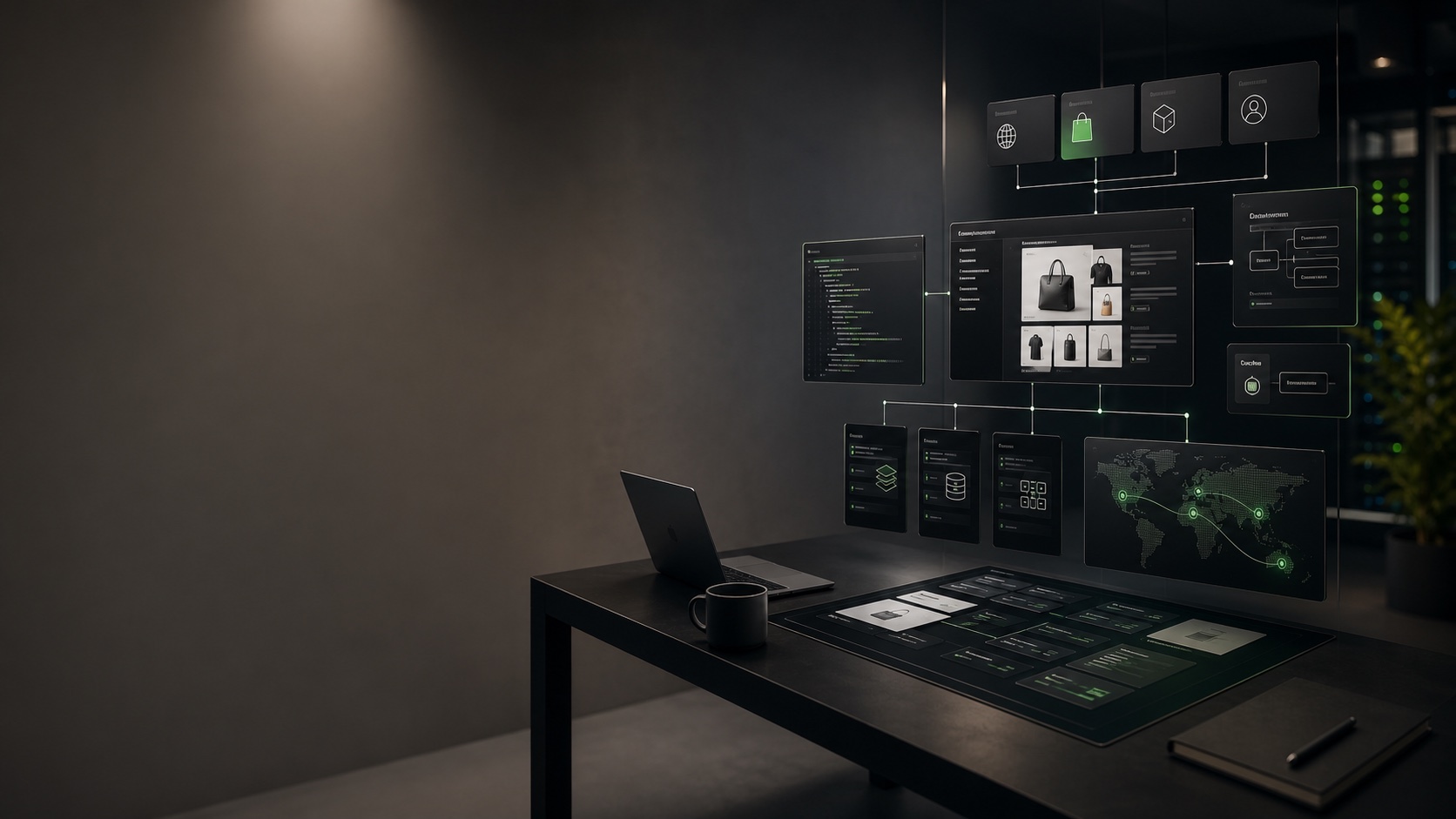 Hydrogen storefront logic visual with product option modules, route state, and variant selection architecture panels.