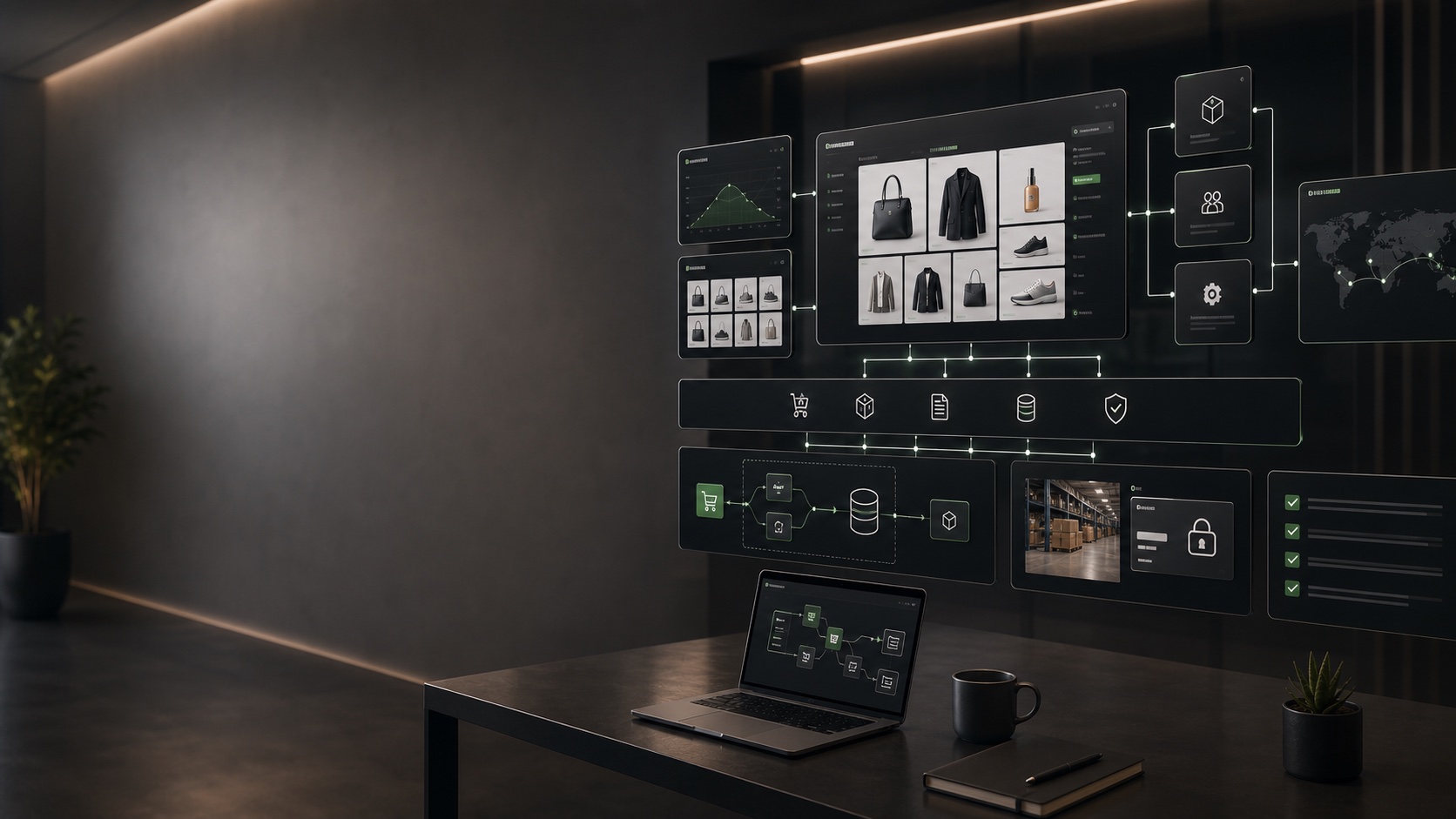 Shopify Hydrogen metaobjects page-specific sections visual Hydrogen content architecture visual with storefront sections, merchant-editable content modules, and integration panels.